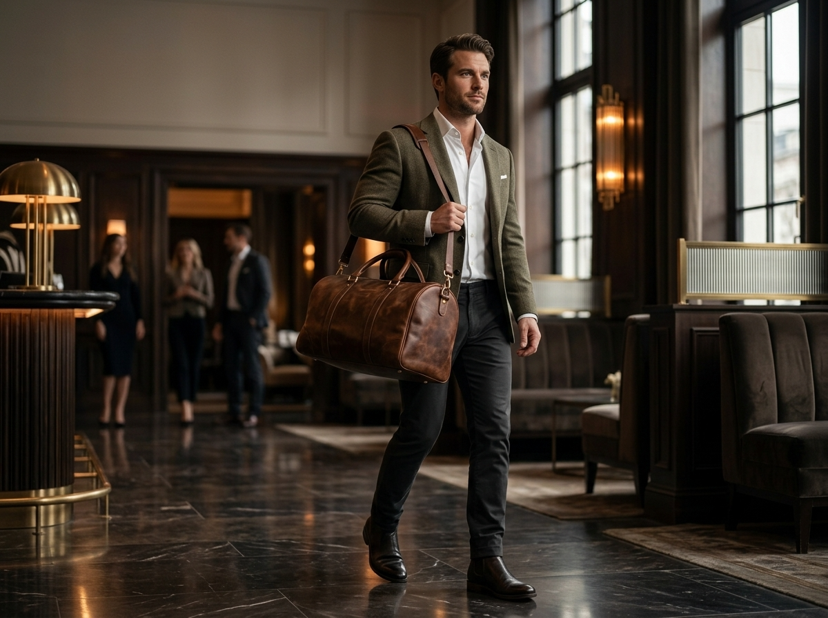 Man carrying a premium leather duffle bag while traveling - DÖTCH