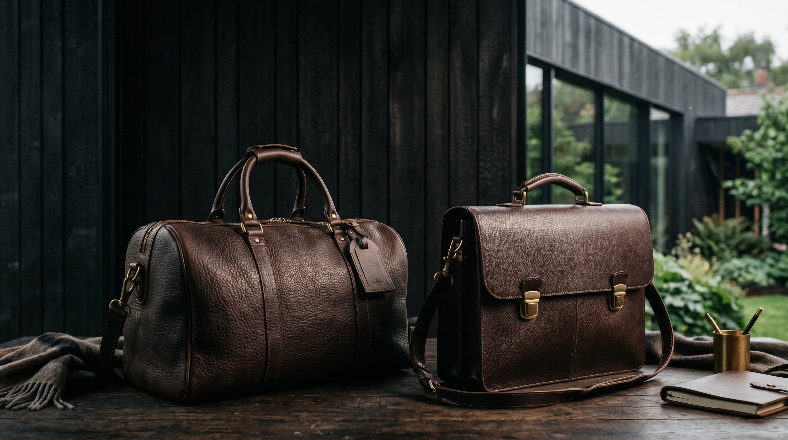 Full-grain buffalo leather duffle bag and cowhide leather satchel displayed outdoors, showcasing the textured grain and craftsmanship differences between buffalo leather and cowhide.