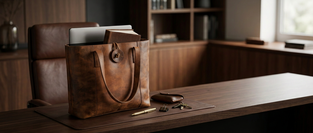 Structured leather tote bag with laptop in a luxury office.