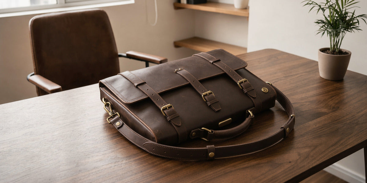 Dark brown leather briefcase with brass buckles, reinforced stitching, and an adjustable shoulder strap resting on a wooden office desk.