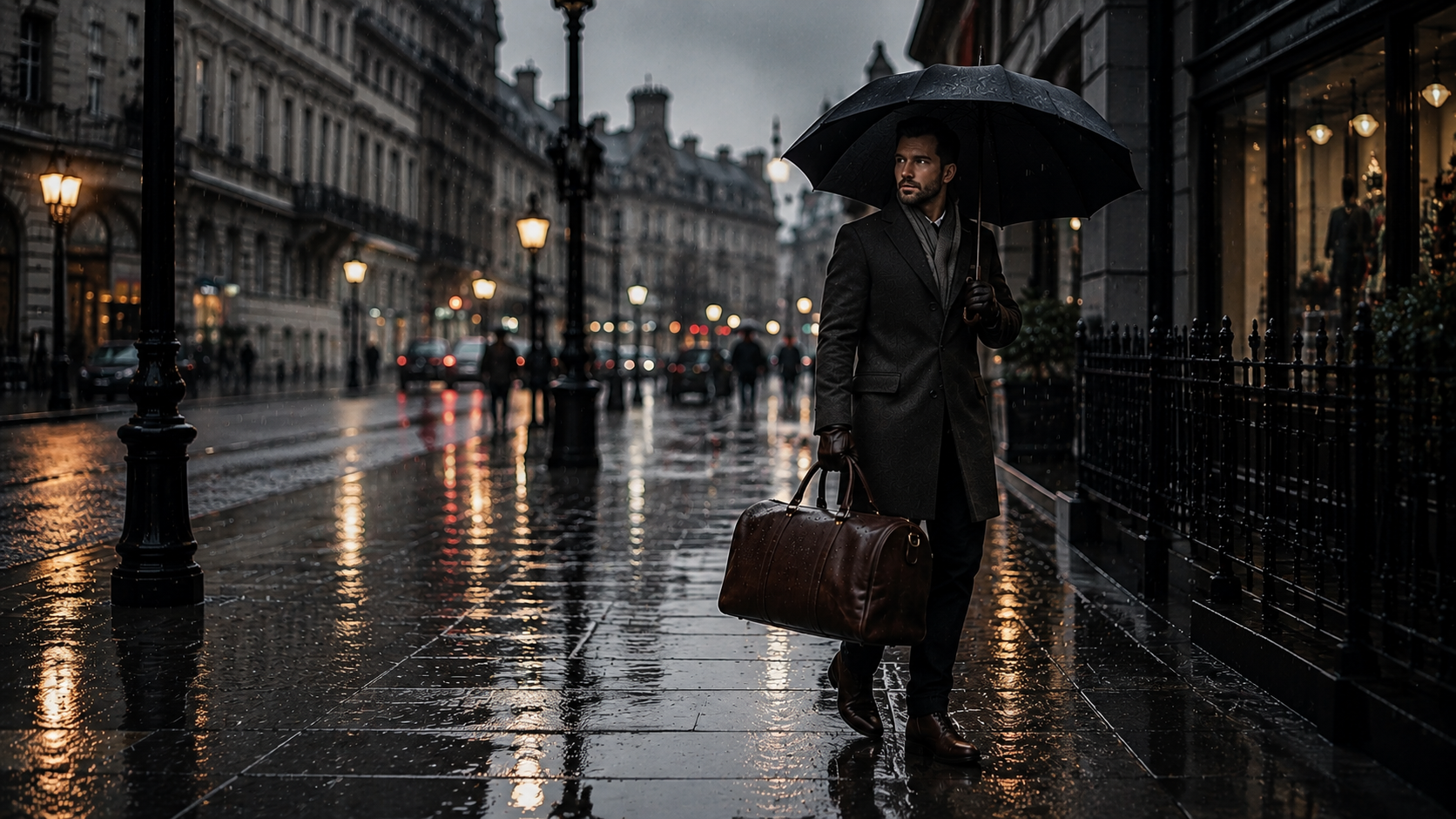 Man carrying a leather bag through a rainy city street under an umbrella - DÖTCH.