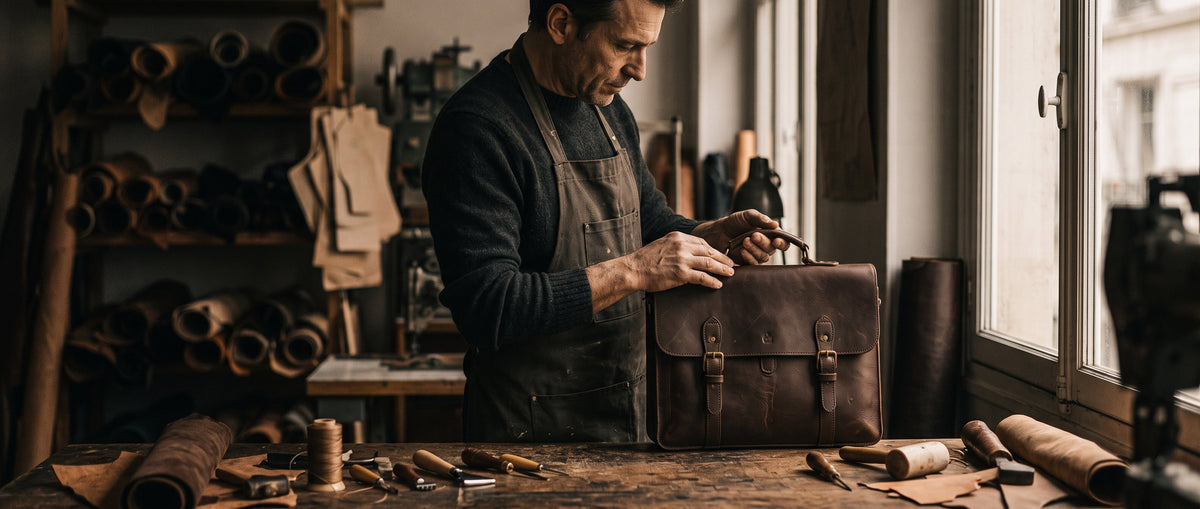 Leather artisan inspecting the stitching and handle of a brown leather briefcase in a traditional workshop.