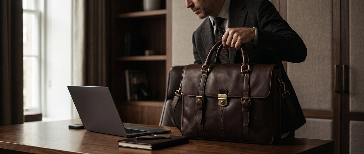 Professional man holding a premium brown leather briefcase in a modern office.