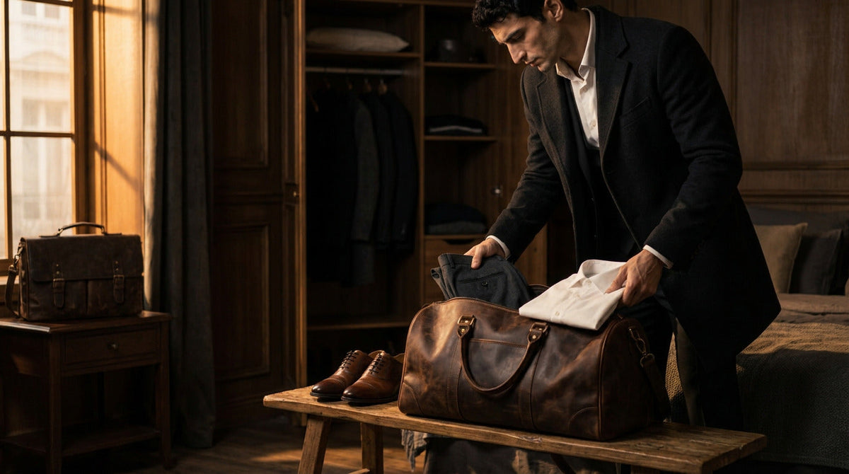 Man packing a premium leather duffle bag for a short trip in a luxury bedroom.