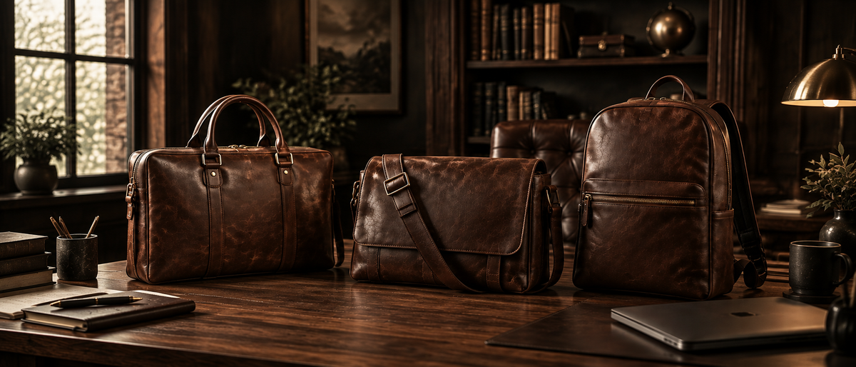 Leather briefcase, messenger bag, and backpack for work.
