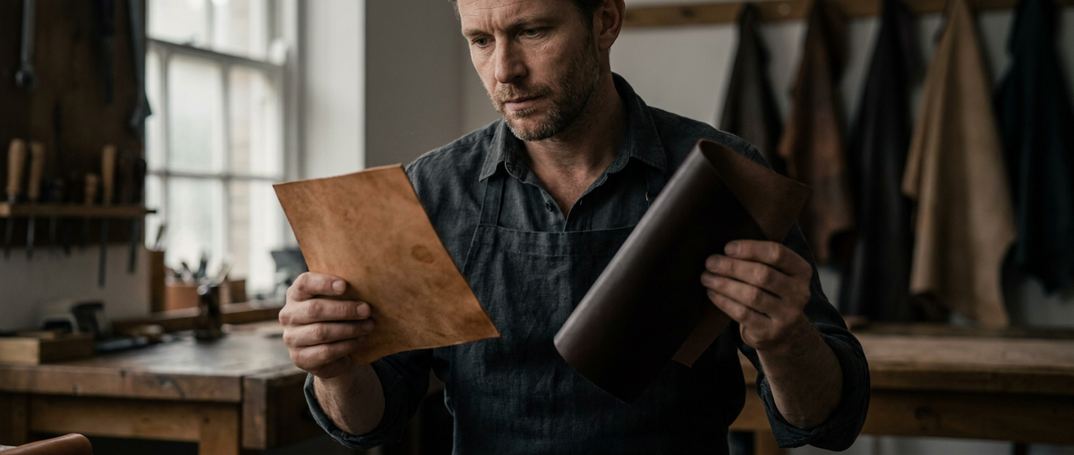 Leather artisan working with leather materials.