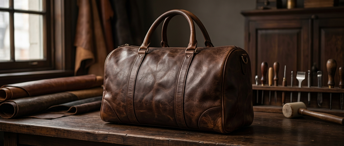 Aged full-grain leather bag showing natural patina.