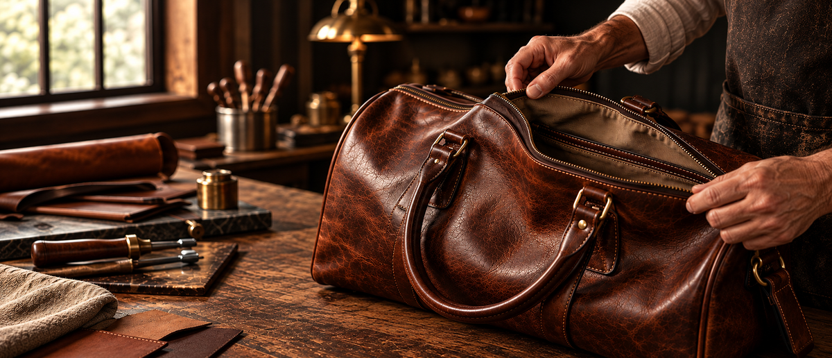 Leather bag showing stitching, hardware and lining quality.