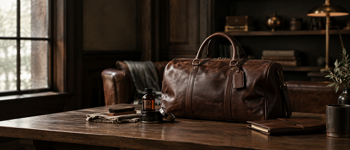 Luxury brown leather duffel with leather care tools on a dark wooden table in a moody interior