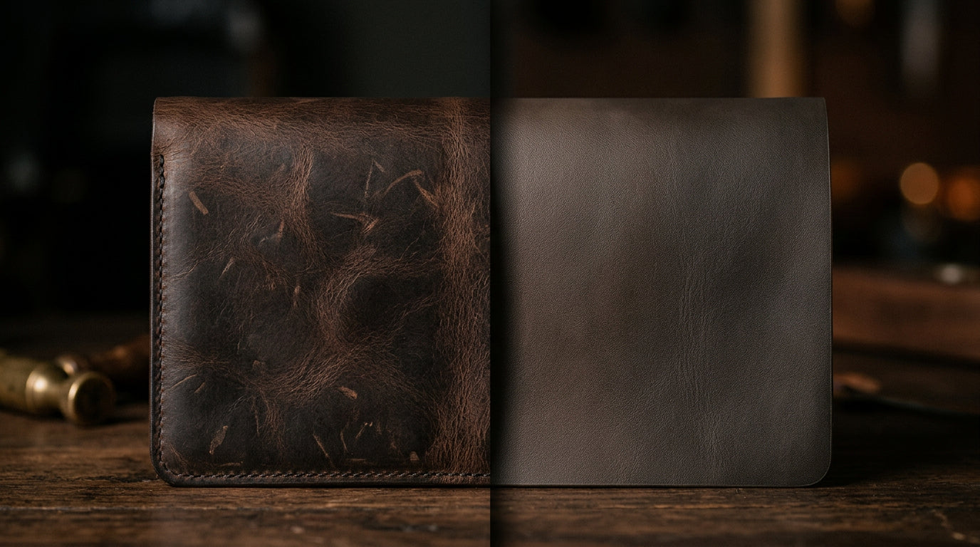 Close-up of a brown leather wallet highlighting finish differences - DÖTCH