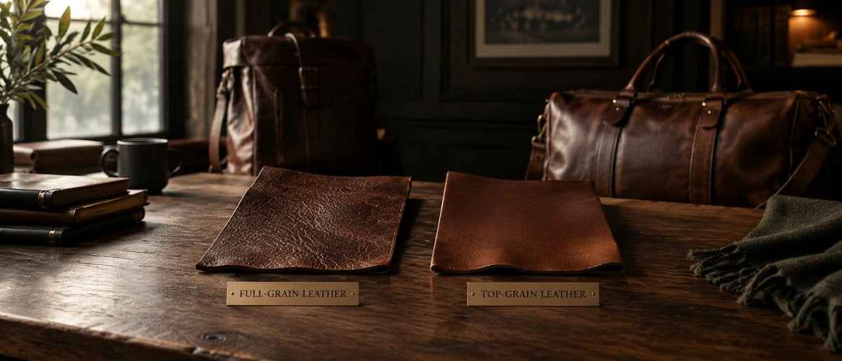 Full-grain vs top-grain leather swatches on a wooden desk, with leather bags in the background
