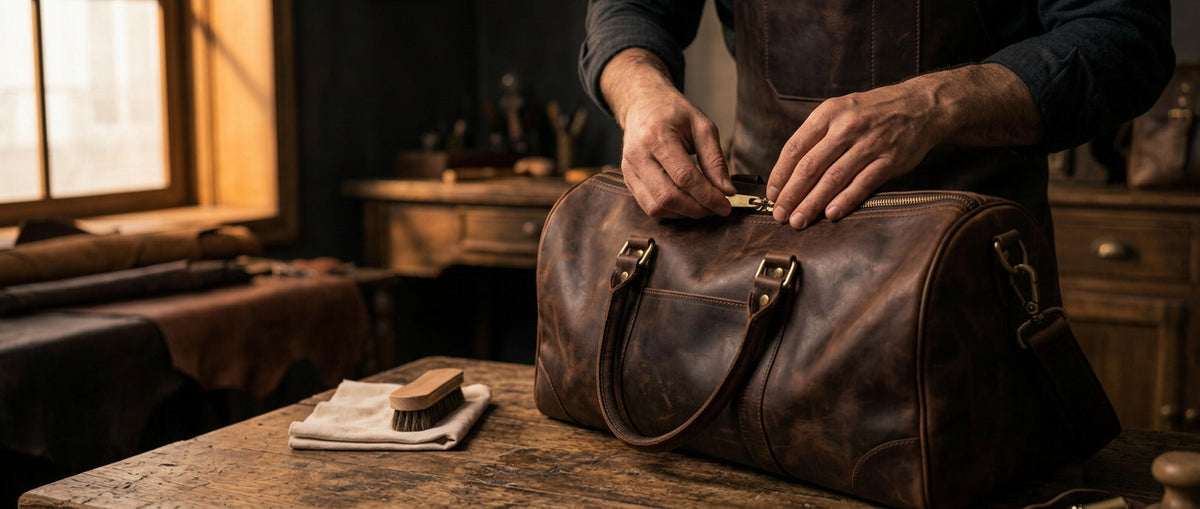 Leather artisan cleaning the brass zipper of a vintage brown leather duffle bag in a workshop.
