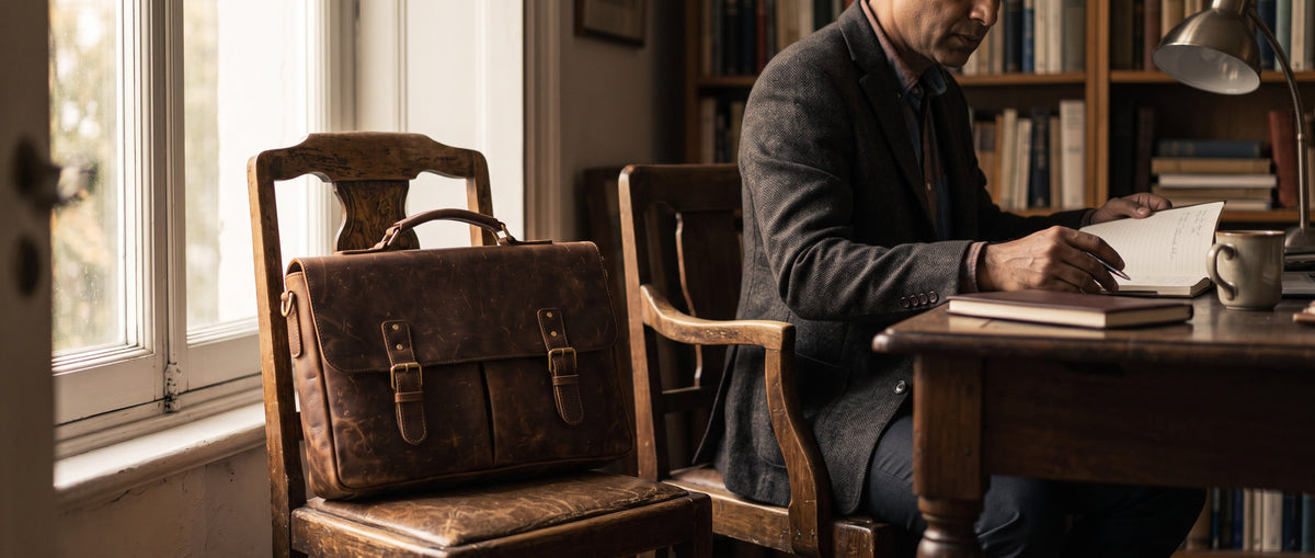 Brown leather briefcase with brass buckles resting on a wooden chair beside a professional man in a warm, traditional study.