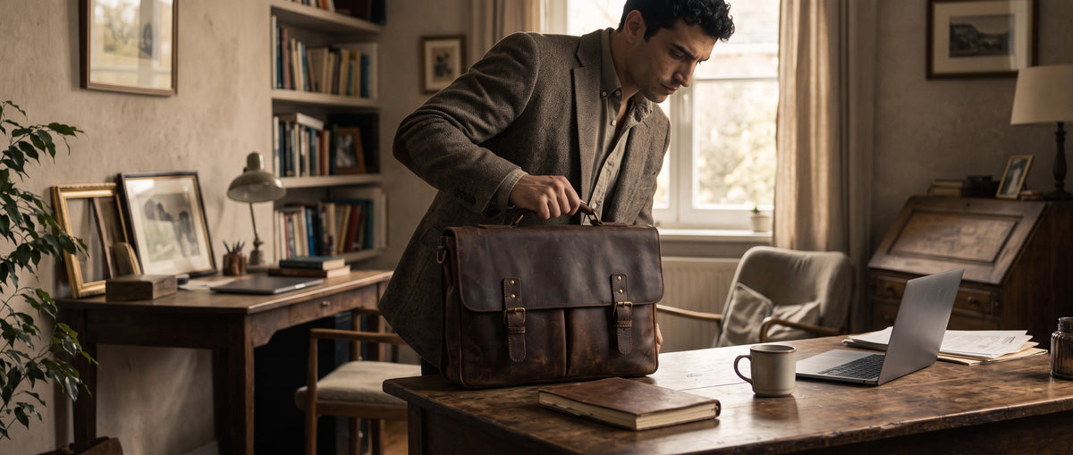 Professional man lifting a brown leather briefcase from a wooden desk in a warm, traditional home office.