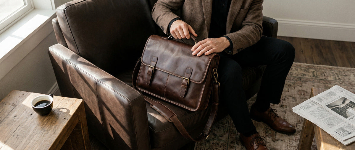 Man inspecting a brown leather messenger briefcase while seated in a leather armchair beside a sunlit window.
