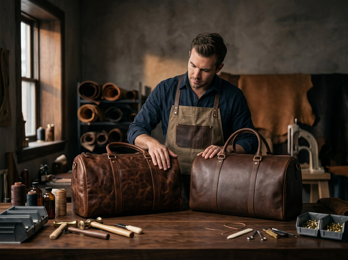 Leather artisan comparing premium handcrafted leather bags.