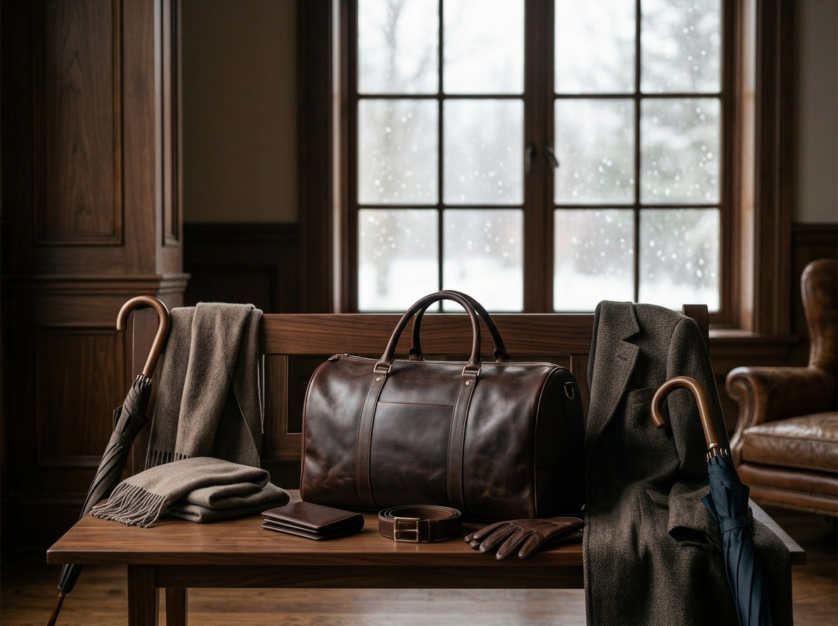 Premium leather travel accessories prepared for winter care.