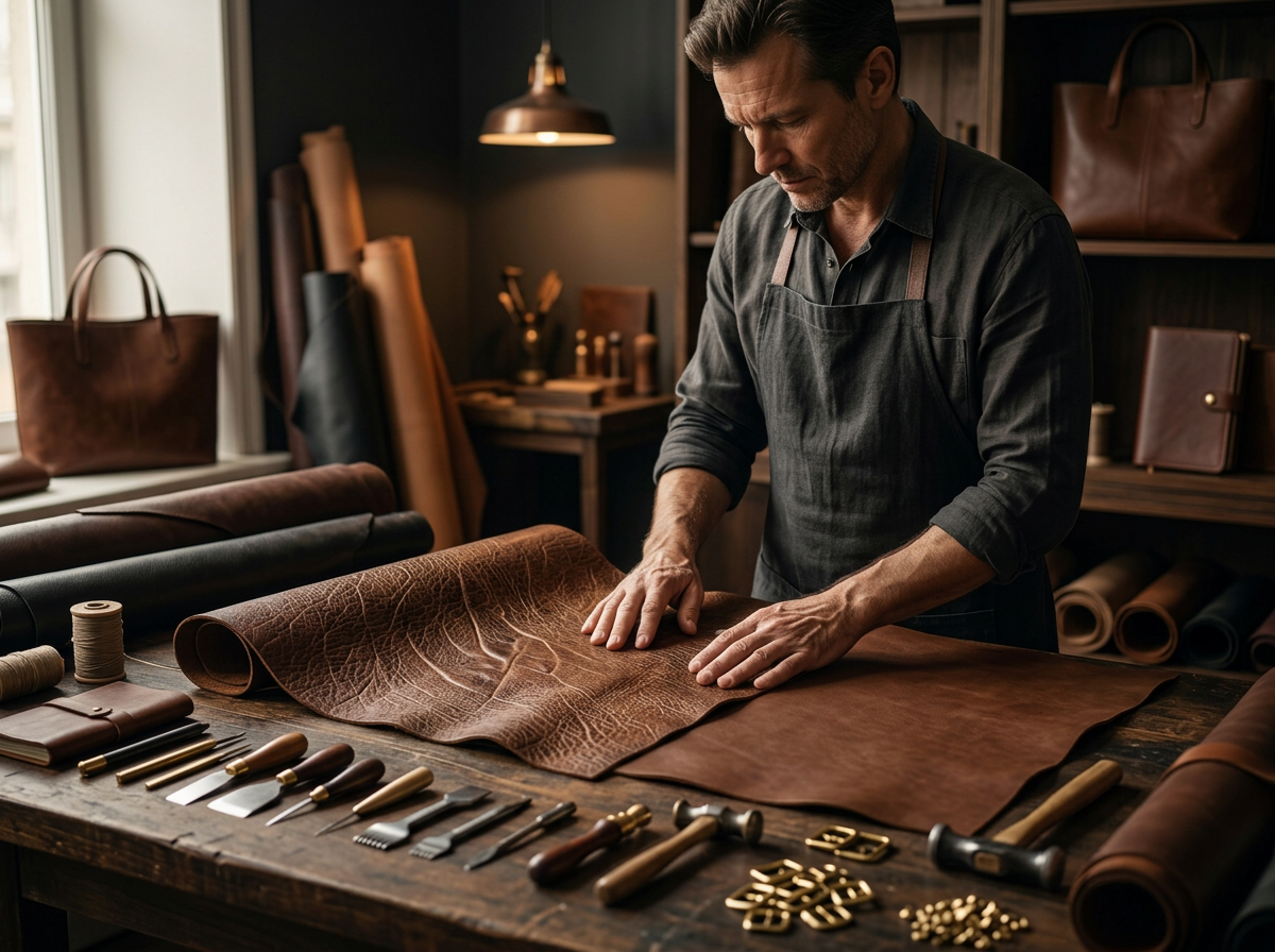 Artisan comparing full-grain and genuine leather hides - DÖTCH