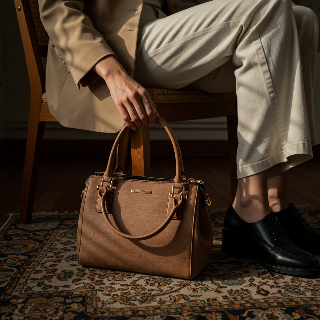 Tan leather handbag held by a woman in a beige blazer, seated on a wooden chair with a patterned rug — Dotch Leather