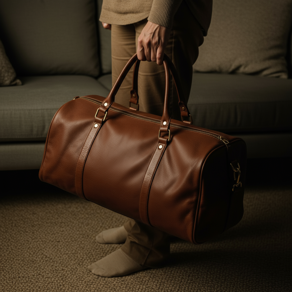 Brown leather duffel bag with textured leather and brass hardware held by a person in a cozy indoor setting — Dotch Leather