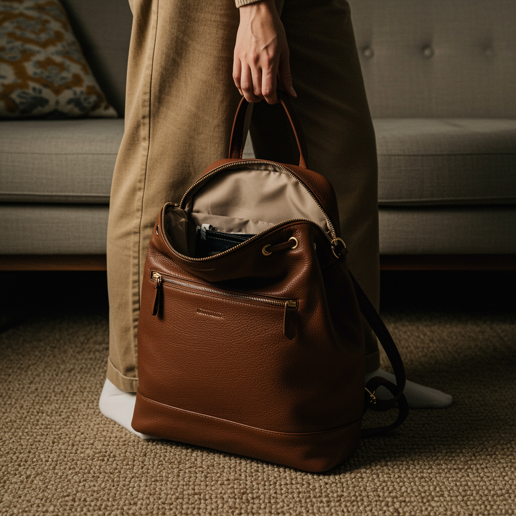 Open brown leather backpack held by a person in a casual indoor setting — Dotch Leather