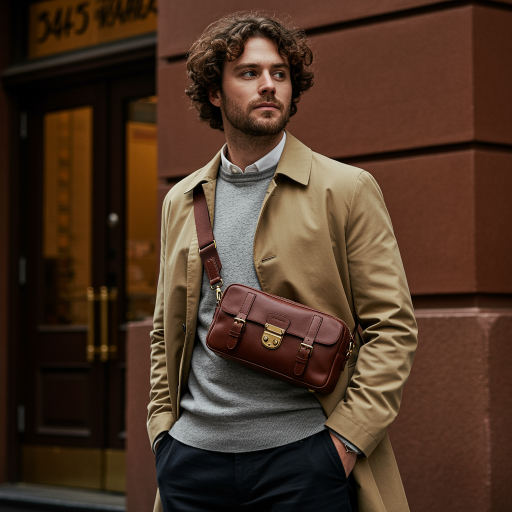 Man in a tan trench coat wearing a brown leather crossbody bag with brass hardware on a city street — Dotch Leather