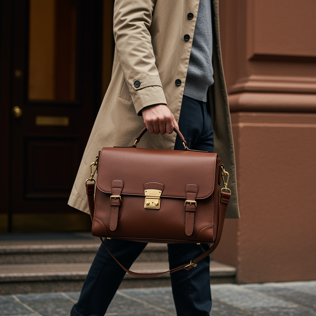 Brown leather briefcase with brass hardware and detailed stitching carried by a man in a tan trench coat outdoors — Dotch Leather