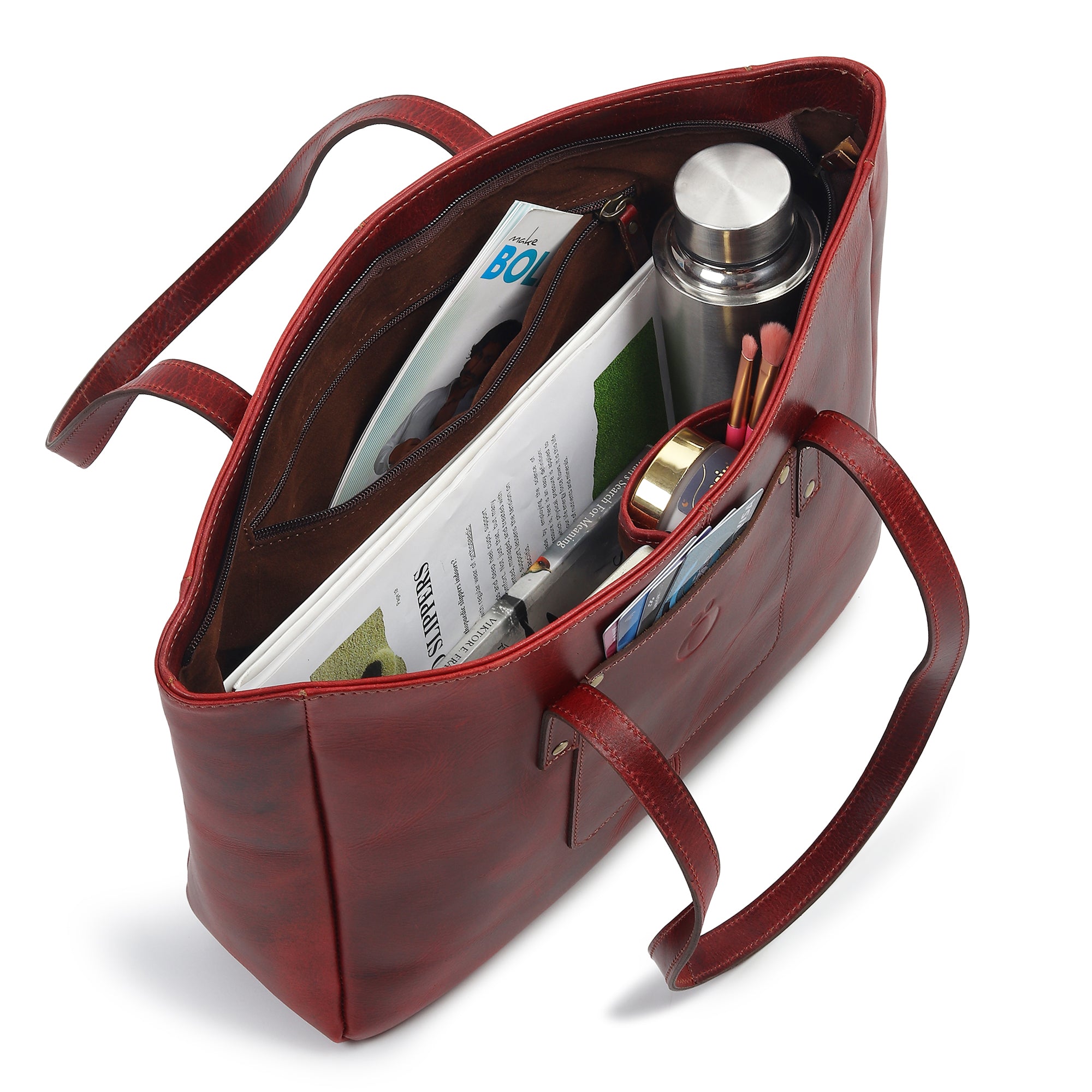 Spacious interior view of the handmade leather tote for women