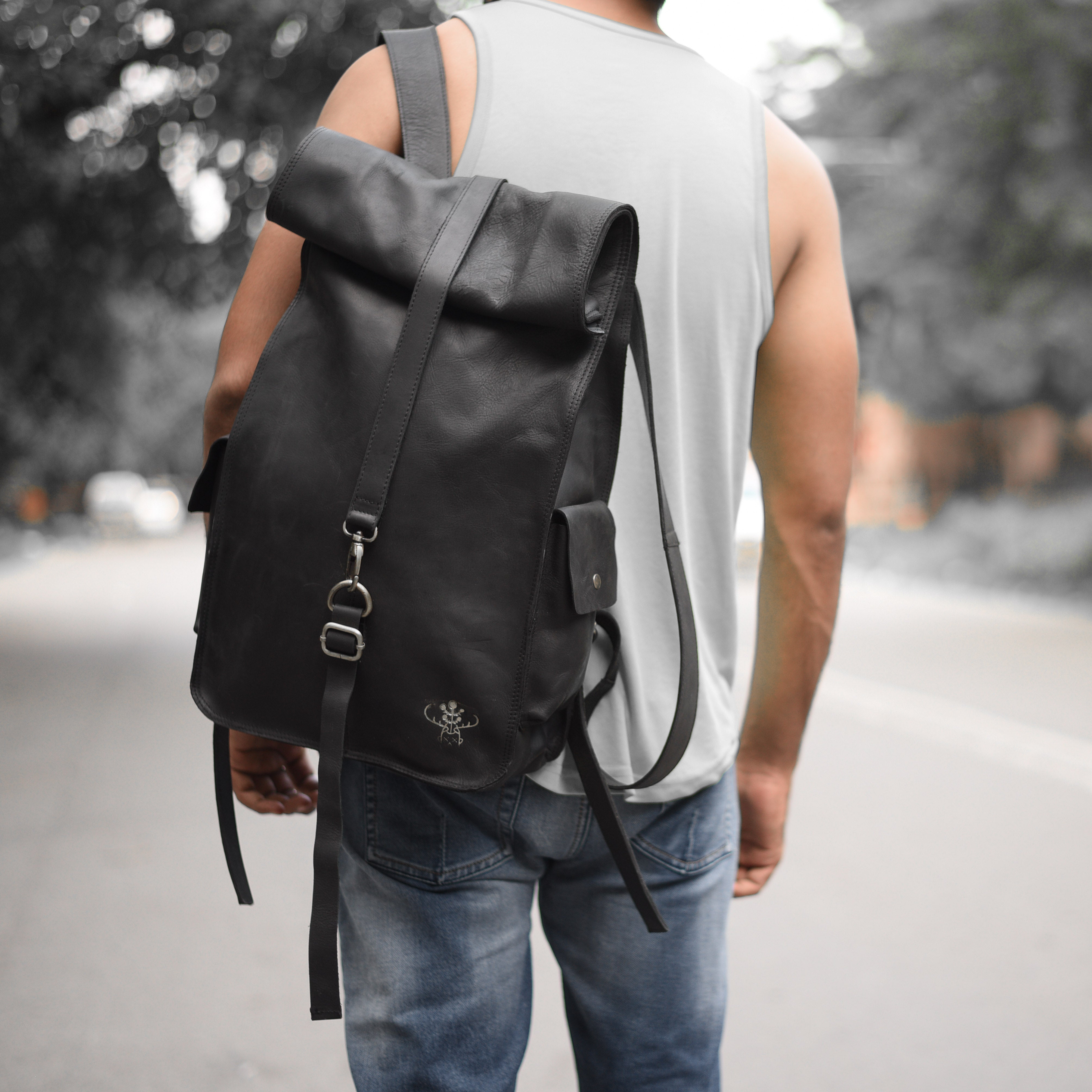 Black leather roll top backpack Clearance