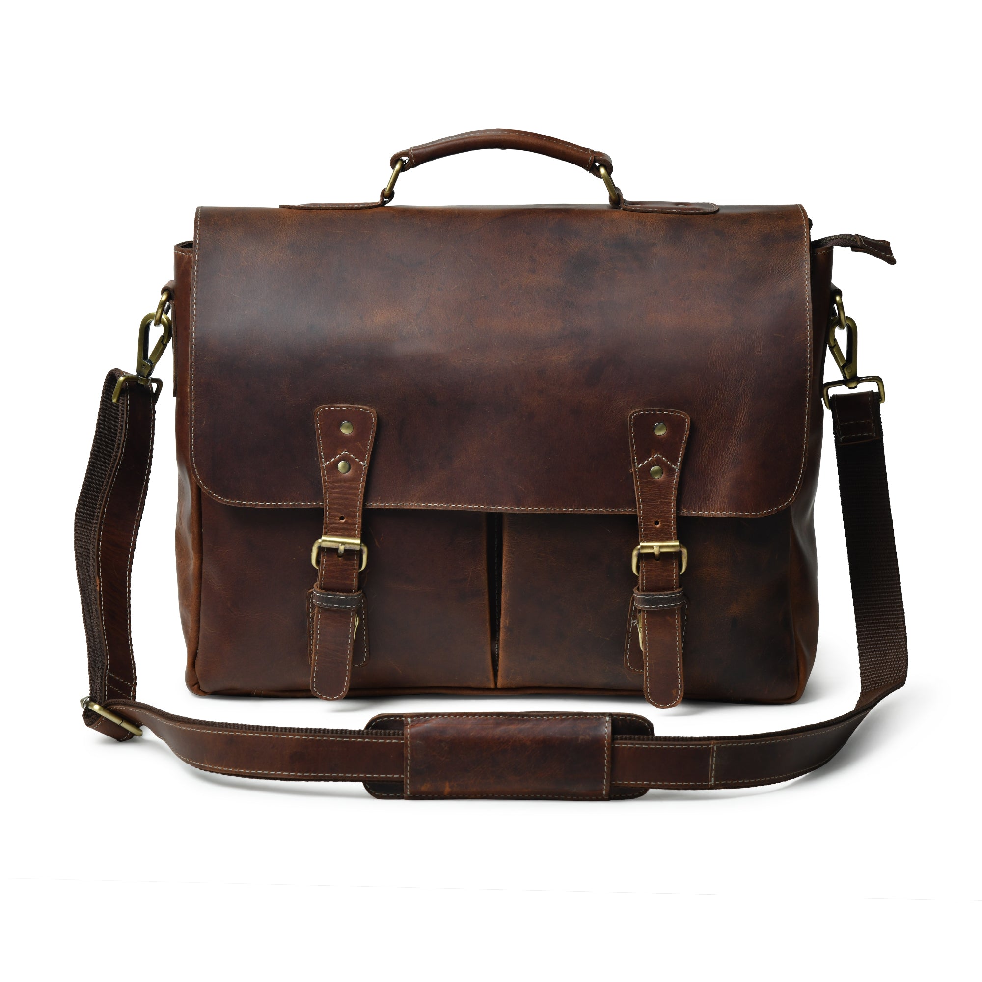 Handcrafted full-grain leather satchel with adjustable strap